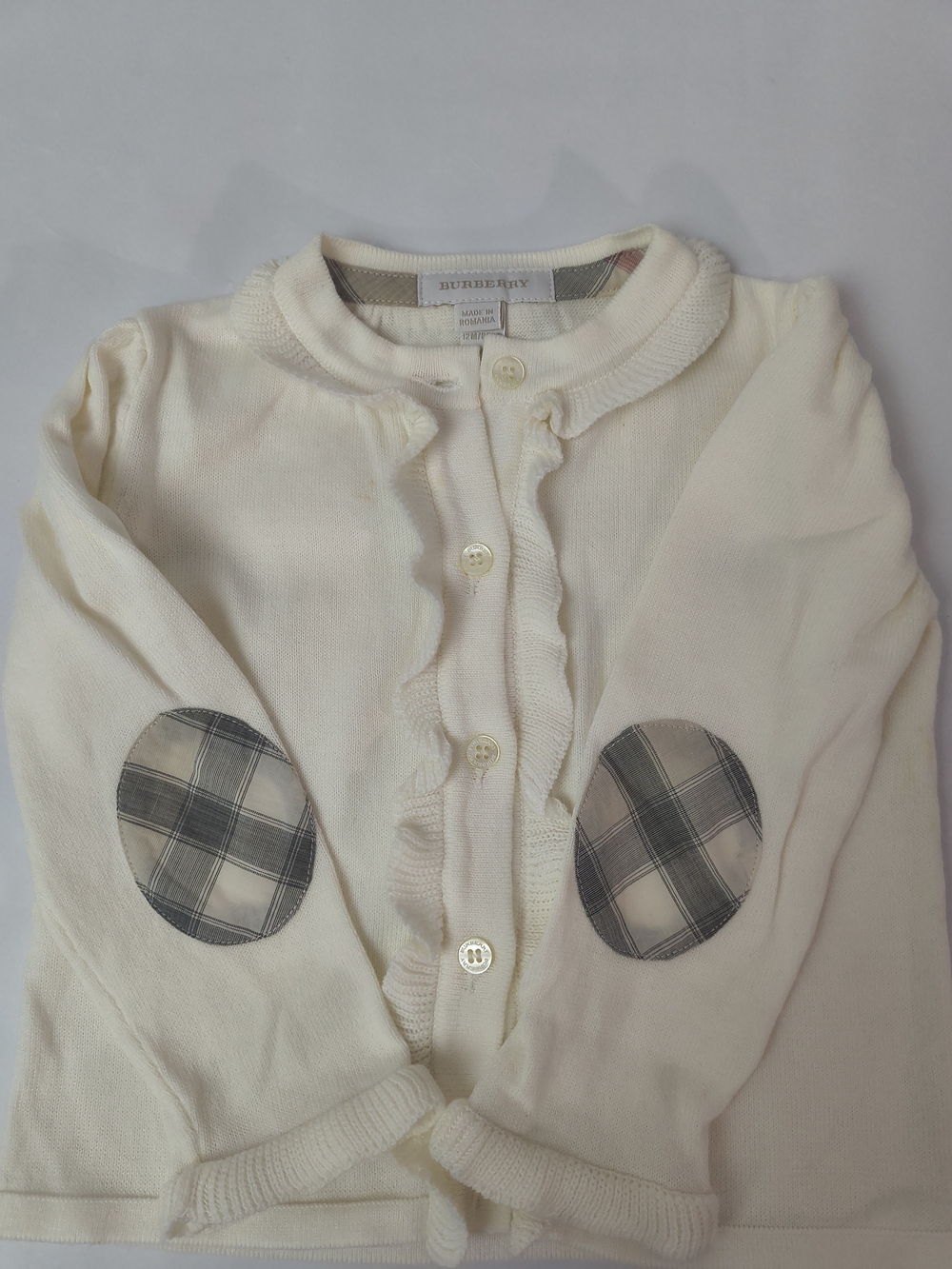 Burberry Cream Cardigan with Plaid Elbow Patches